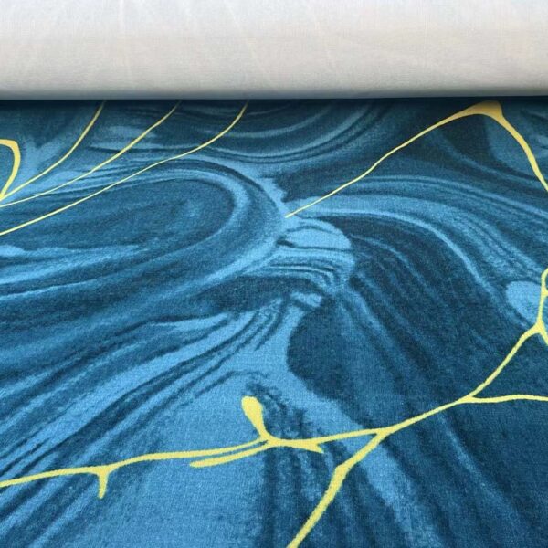 Custom printed nylon carpet for pool rooms in deep blue with swirled marble pattern and yellow curved accent lines