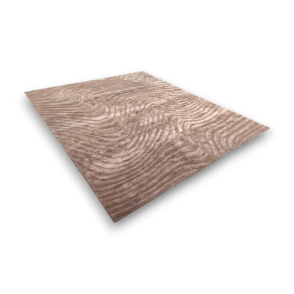 Custom hand-tufted rectangular bamboo silk rug in brown tones with flowing curved linear pattern creating wood grain effect