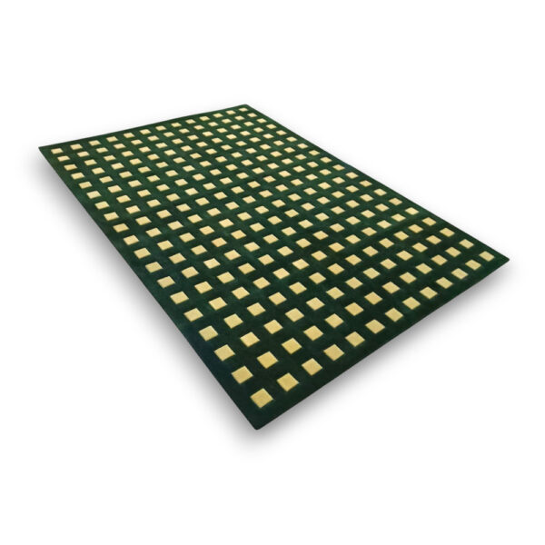 Custom hand-tufted rectangular rug in dark green with yellow geometric checkerboard pattern