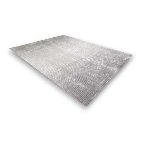 Custom hand-tufted rectangular rayon rug with horizontal striped pattern in gray and white with subtle sheen