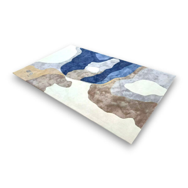 Custom hand-tufted rectangular rayon rug with abstract watercolor pattern in navy blue, brown, gray and cream