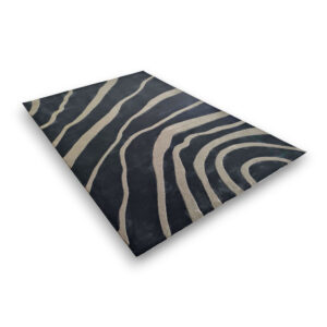 Custom hand-tufted rectangular rug in black with flowing cream curved stripes in an organic wave pattern