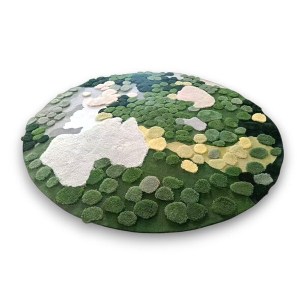 Custom hand-tufted round moss rug with textured circular tufts in green, white, pink, yellow, and blue creating an abstract landscape pattern