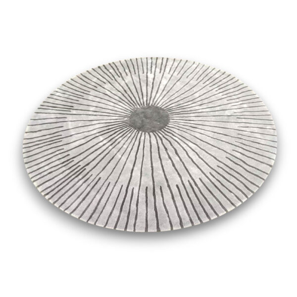 Custom hand-tufted round rayon rug in cream with gray center circle and radiating gray lines creating sunburst pattern