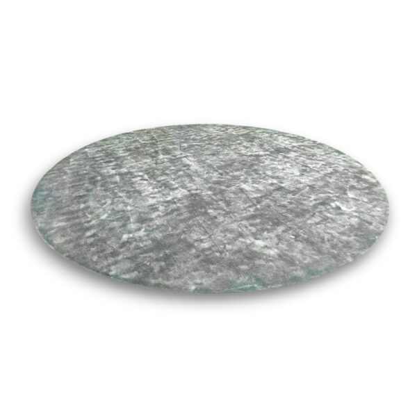 Custom hand-tufted round rayon rug in gray-green with mottled abstract texture and subtle sheen