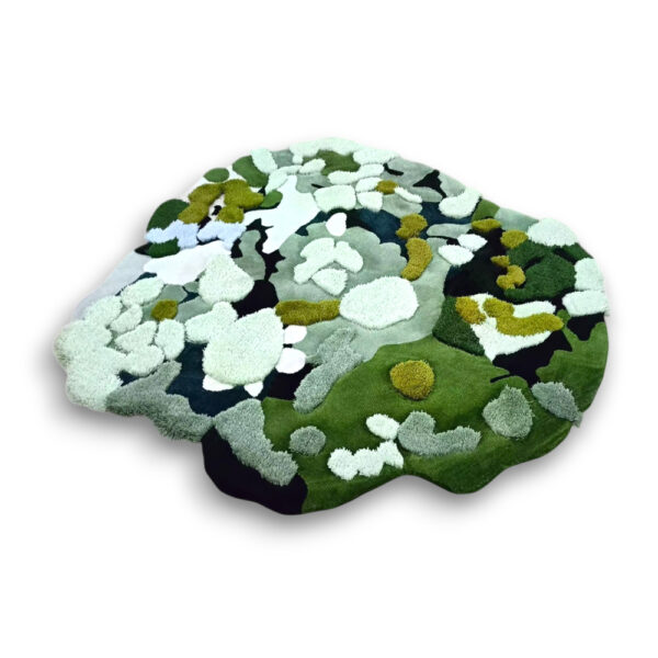 Custom hand-tufted shaggy wool moss rug in organic cloud shape with abstract pattern in green, white, yellow, and black