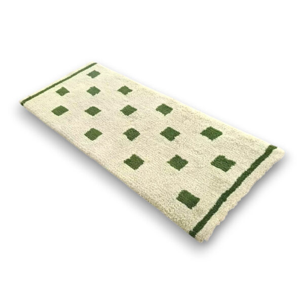 Custom hand-tufted shaggy wool runner rug in cream with green geometric squares and border stripes