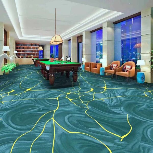 Custom printed nylon large area rug in teal blue with yellow curved line pattern covering floor of a game room with pool table