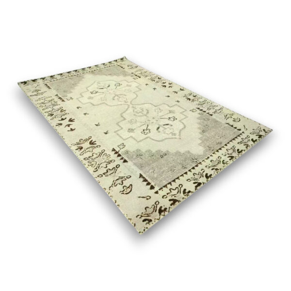 Custom printed rectangular nylon rug in cream with distressed vintage pattern and decorative border design