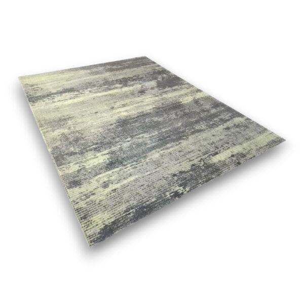 Custom printed rectangular nylon rug with horizontal striped pattern in gray and cream with distressed texture