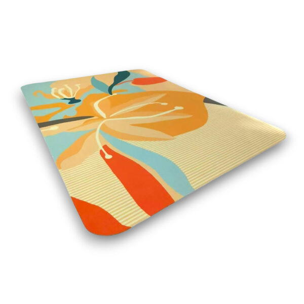 Custom printed rectangular nylon rug with modern abstract floral pattern in orange, turquoise, cream and red