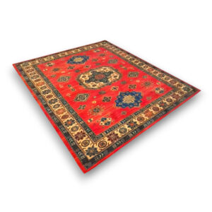 Custom printed rectangular nylon rug with traditional Persian pattern in red center, ornate border, and medallion motifs