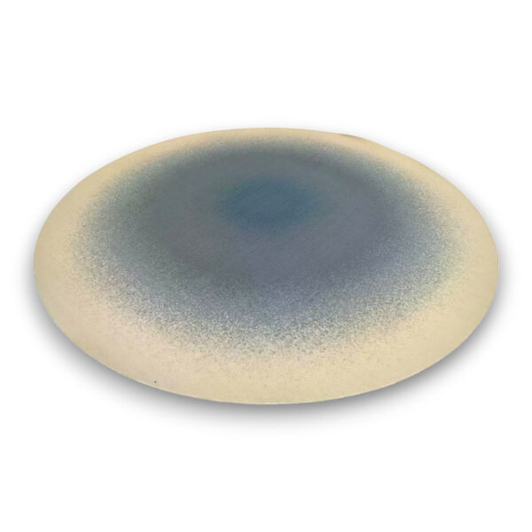 Custom printed round nylon rug with gradient pattern from cream edges to blue-gray center creating ombre effect