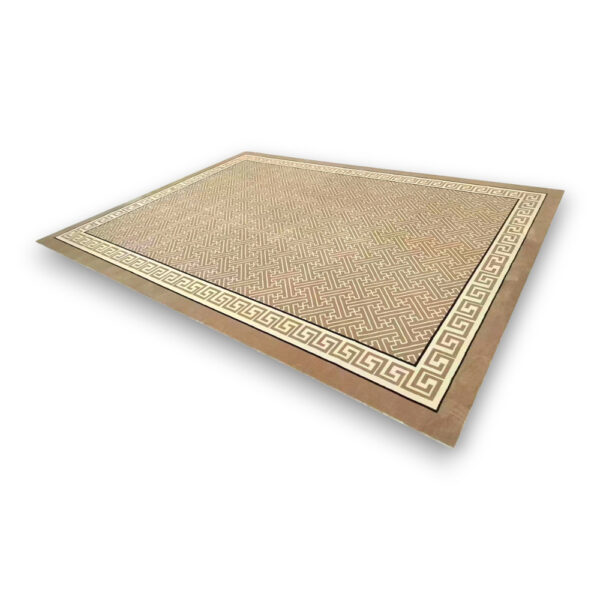Custom printed rectangular nylon rug in gold with geometric maze pattern and Greek key border design