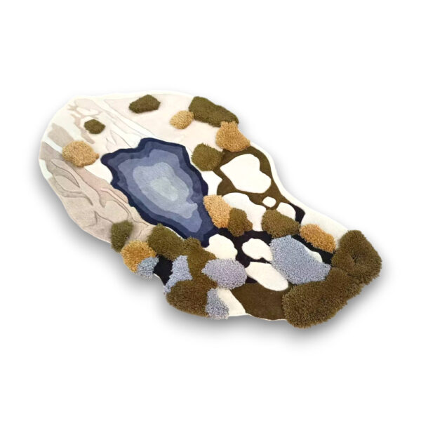 Custom hand-tufted organic shaped wool rug with blue geode center and multicolor abstract design