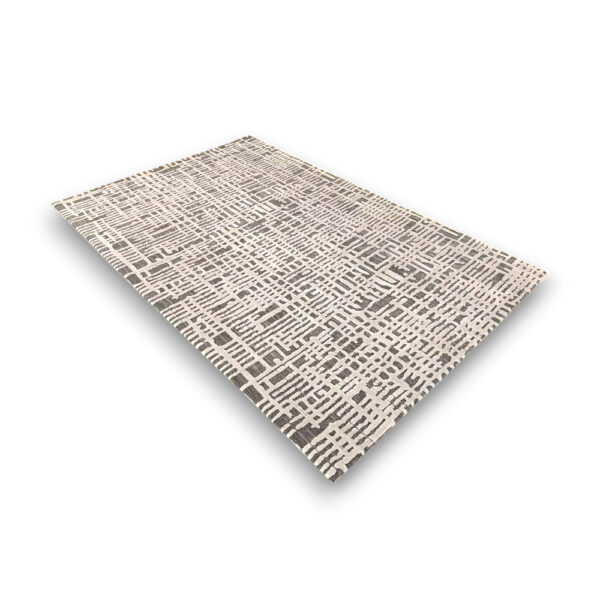 Custom hand-tufted rectangular acrylic rug with crosshatch geometric pattern in grey and cream colors
