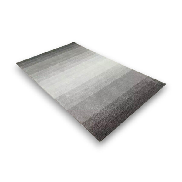 Custom hand-tufted rectangular acrylic rug with horizontal gradient stripes in grey and cream tones