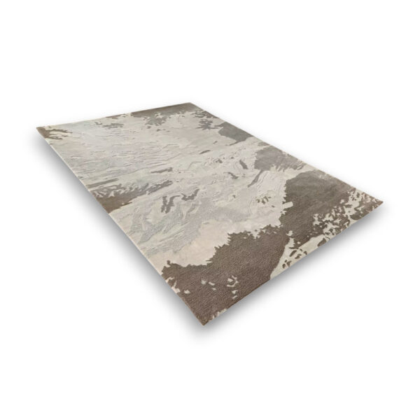Custom hand-tufted rectangular acrylic rug with abstract organic pattern in cream, grey, and brown tones