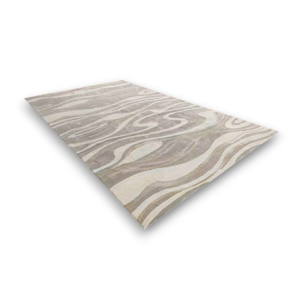 Custom hand-tufted rectangular acrylic rug with flowing wood grain pattern in cream and grey swirls