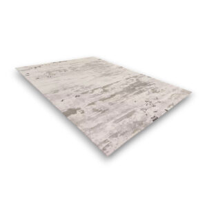 Custom hand-tufted rectangular acrylic rug with distressed vintage pattern in cream and grey with weathered texture