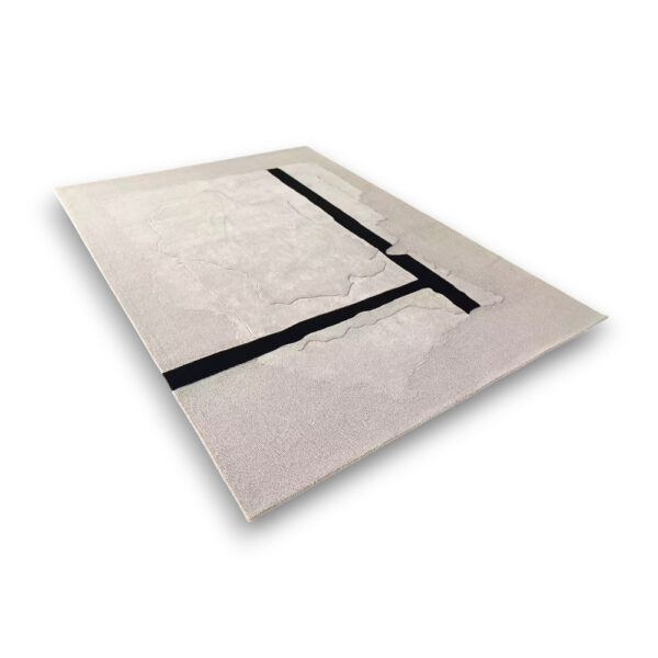 Custom hand-tufted rectangular rug with minimalist design featuring bold black geometric lines on cream and beige background