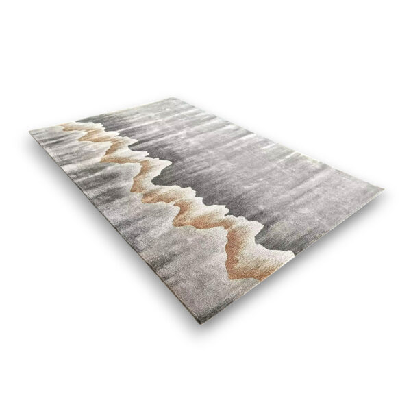 Custom hand-tufted rectangular rug with abstract wave pattern in grey and brown tones with cream accents