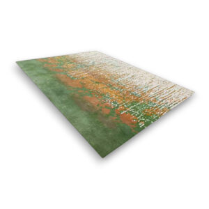 Custom hand-tufted rectangular rug with abstract gradient design in green, orange, and cream with speckled texture