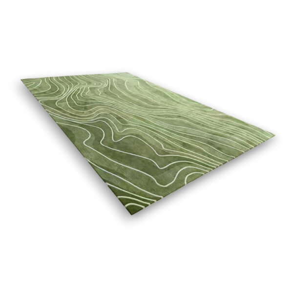 Custom hand-tufted rectangular rug in green with white topographic contour line pattern