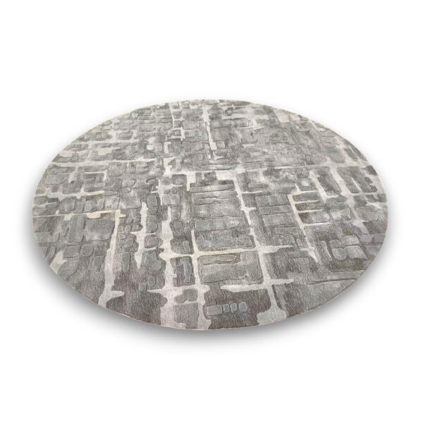 Custom tufted round rug with grey and cream city map pattern showing streets and blocks design