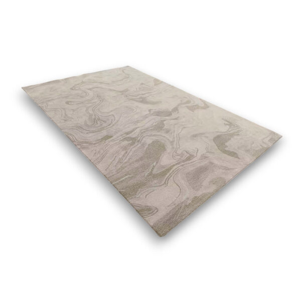 Custom hand-tufted rectangular rug with marble swirl pattern in cream and sage green tones