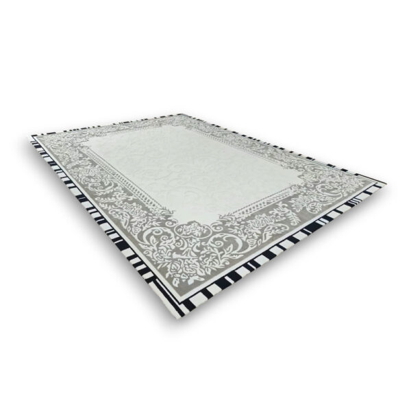 Custom hand-tufted rectangular rug with ornate border design featuring sage green center and decorative grey scrollwork with black and white striped edge