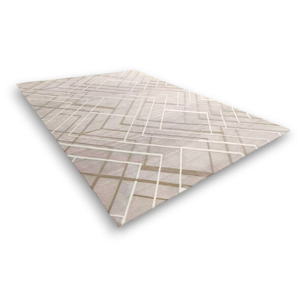 Custom tufted contemporary wool rug in beige and taupe with white geometric line pattern creating modern abstract design