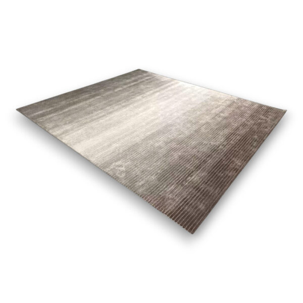 Custom tufted contemporary wool rug in brown and cream with horizontal striped pattern creating modern linear design