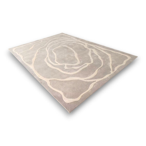 Custom tufted contemporary wool rug in taupe with cream organic lines creating abstract topographical pattern, rectangular shape