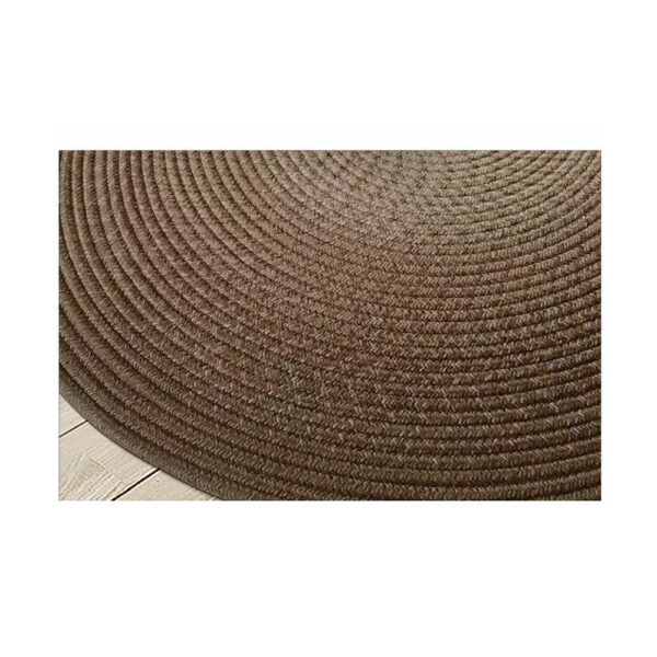 Custom gluefree woven wool rug showing brown concentric circle pattern with visible rope-like texture and braided weave construction