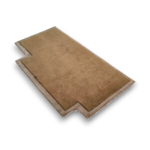 Custom hand-tufted rectangular wool rug in brown with beige border and geometric stepped edge design
