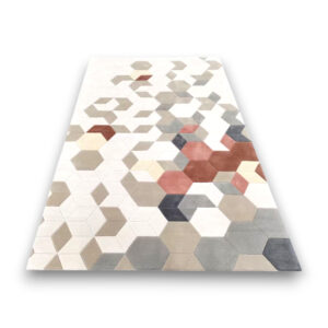 Custom hand-tufted rectangular wool rug with modern geometric hexagon pattern in white, beige, grey, coral, and navy blue