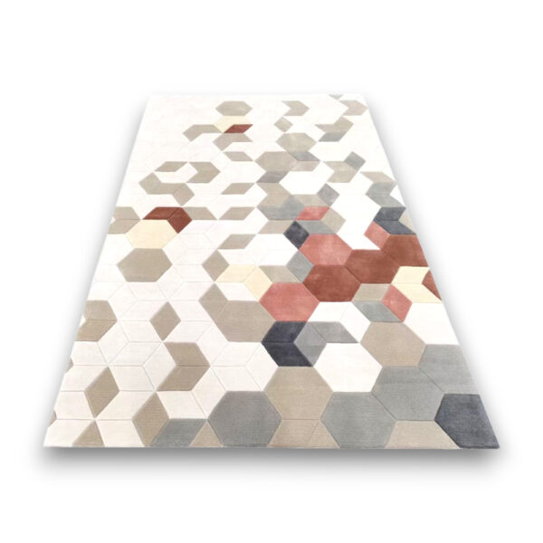 Custom hand-tufted rectangular wool rug with modern geometric hexagon pattern in white, beige, grey, coral, and navy blue