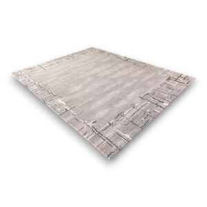 Custom hand-tufted square wool rug in grey with geometric brick pattern border and solid center field