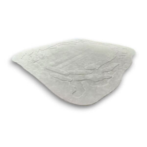 Custom hand-tufted minimalist wool rug in light grey with raised abstract organic pattern and curved border design