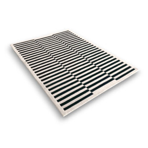 Custom hand-tufted rectangular wool rug in cream with black horizontal stripes creating a modern geometric pattern with solid border