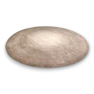 Custom hand-tufted round textured wool rug in taupe with gradient concentric circle pattern from light center to darker edges