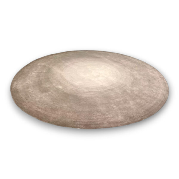 Custom hand-tufted round textured wool rug in taupe with gradient concentric circle pattern from light center to darker edges