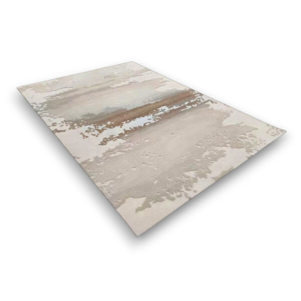 Custom tufted wool rug in beige, brown, and cream with abstract landscape pattern, rectangular shape, medium pile height