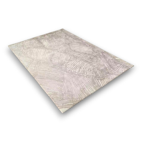 Custom tufted wool rug in beige and cream with abstract brushstroke pattern, rectangular shape, medium pile height
