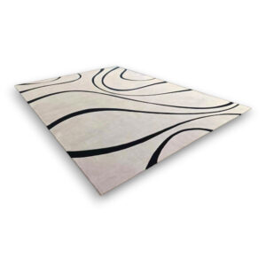 Custom tufted wool rug in cream and beige with black curved lines creating contemporary swirl pattern, rectangular shape