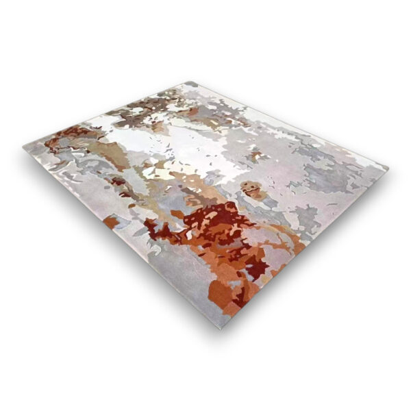 Custom tufted wool rug in rust, grey, cream, and burgundy with abstract painterly pattern, rectangular shape, medium pile height