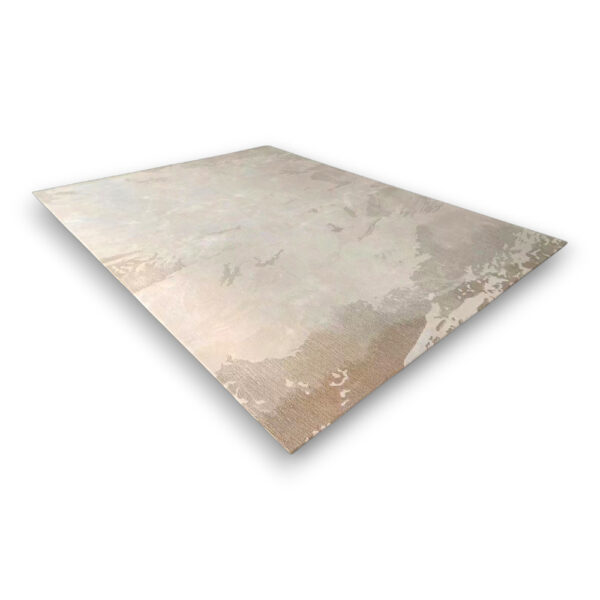 Custom tufted wool rug in sage green, beige, and cream with abstract organic pattern, rectangular shape, medium pile height