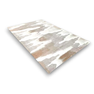 Custom tufted wool rug in white, grey, and beige with abstract watercolor pattern, rectangular shape, medium pile height