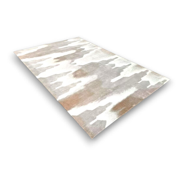 Custom tufted wool rug in white, grey, and beige with abstract watercolor pattern, rectangular shape, medium pile height
